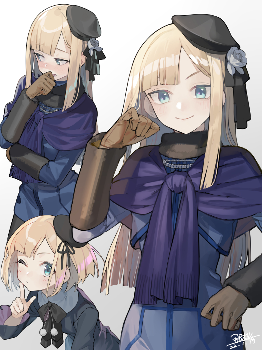 2girls, absurdres, aged_down, aqua_eyes, beret, black_headwear, black_legwear, blonde_hair