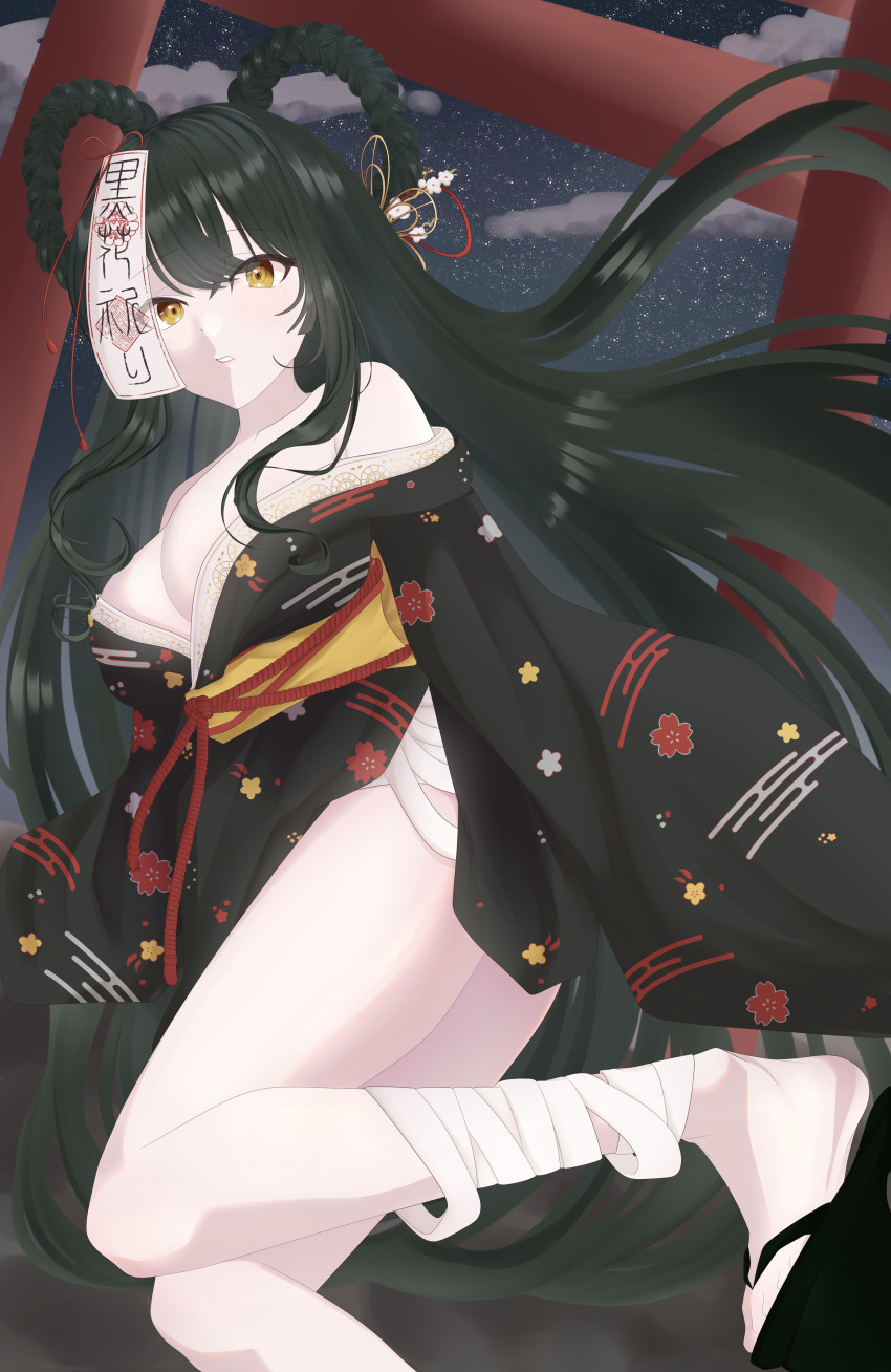 1girl, absurdres, bandaged_leg, bandages, barefoot_sandals_(jewelry), black_kimono, breasts, character_request