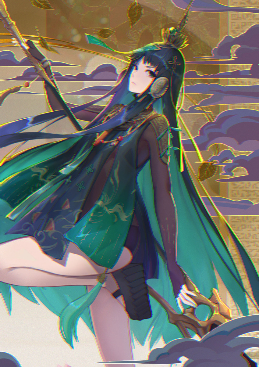 1girl, black_gloves, black_shoes, china_dress, chinese_clothes, chromatic_aberration, closed_mouth, dress