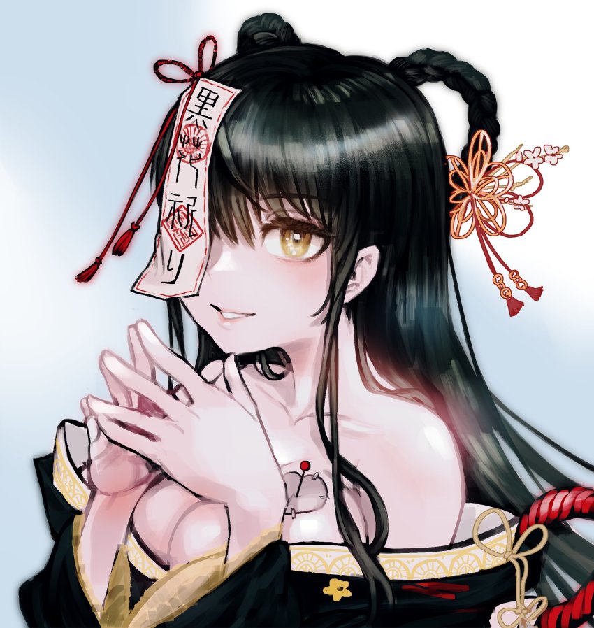 1girl, absurdres, black_kimono, blonde_hair, blue_background, breasts, cleavage, collarbone, cyberlive, hair_behind_ear, hair_rings, highres, japanese_clothes, kimono, kurohana_inori, large_breasts, minster_(dooke), off_shoulder, own_hands_together, portrait, smile, solo, talisman, virtual_youtuber, yellow_eyes