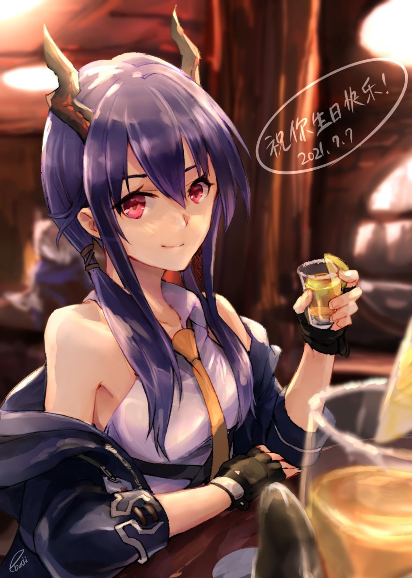 1girl, arknights, arm_support, artist_name, backlighting, bar_(place), birthday, blue_hair, blurry, blurry_background, blurry_foreground, ch'en_(arknights), chinese_text, closed_mouth, collared_shirt, cup, dated, dragon_horns, drinking_glass, e-bushi, fingerless_gloves, food, from_side, fruit, gloves, hair_between_eyes, hand_up, highres, holding, holding_cup, horns, indoors, lemon, lemon_slice, looking_at_viewer, low_twintails, necktie, off-shoulder_shirt, off_shoulder, red_eyes, shirt, signature, sitting, smile, solo_focus, translated, twintails, upper_body, white_shirt, yellow_necktie