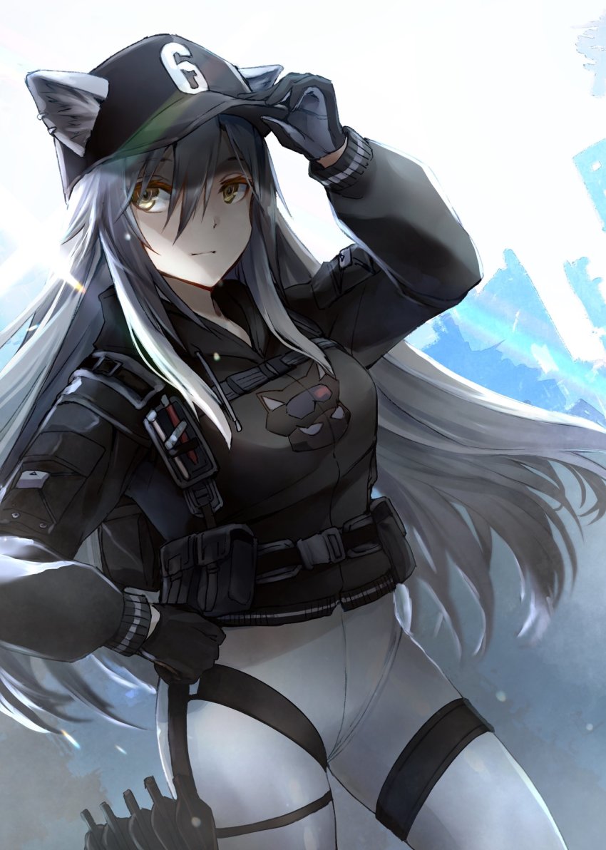 1girl, animal_ears, animal_print, arknights, backlighting, baseball_cap, belt, black_gloves, breasts, buckle, cat_ears, cat_print, cityscape, closed_mouth, commentary_request, cowboy_shot, e-bushi, ear_piercing, ears_through_headwear, from_side, garter_straps, gloves, hair_between_eyes, hand_on_headwear, hand_on_own_hip, hat, highres, lens_flare, heavy_lens_flare, light_particles, light_smile, long_hair, long_sleeves, looking_at_viewer, official_alternate_costume, pants, piercing, schwarz_(arknights), schwarz_(skyline)_(arknights), sidelocks, single_garter_strap, solo, tactical_clothes, thigh_strap, white_hair, white_legwear, white_pants, yellow_eyes