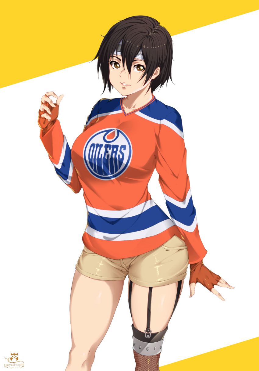 1girl, absurdres, alternate_costume, braid, breasts, brown_eyes, brown_hair, cowboy_shot, edmonton_oilers, final_fantasy, final_fantasy_vii, final_fantasy_vii_remake, fishnet_thighhighs, fishnets, garter_straps, headband, highres, hockey_sweater, long_sleeves, medium_breasts, over-kneehighs, short_hair, shorts, single_braid, solo, square_enix, standing, stayaliveplz, thighhighs, yuffie_kisaragi