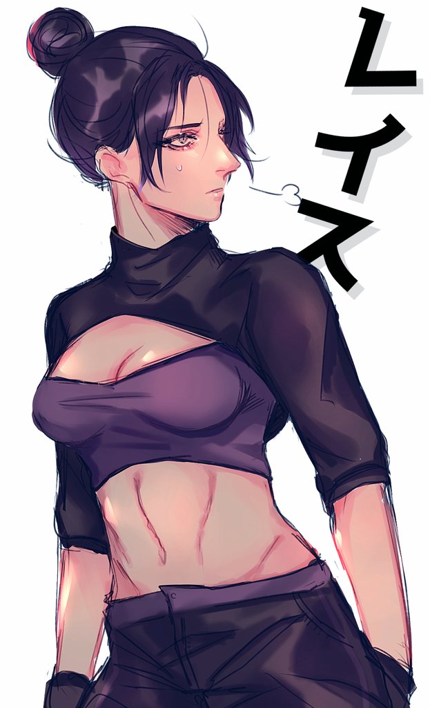 1girl, alternate_costume, apex_legends, black_gloves, black_pants, breasts, character_name, cleavage, gloves, hair_behind_ear, hair_bun, looking_to_the_side, medium_breasts, midriff, navel, pants, parted_lips, purple_eyes, shrug_(clothing), single_hair_bun, sketch, solo, tama_(ponz3o1), white_background, wraith_(apex_legends)