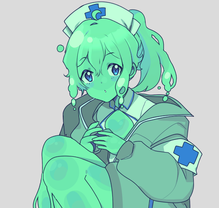 1girl, bk_(barakoodra), blue_eyes, colored_skin, green_hair, green_skin, hat, looking_at_viewer, monster_girl, nurse_cap, original, ponytail, short_hair, short_ponytail, slime_(substance), slime_girl, solo