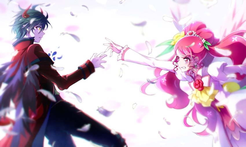 1boy, 1girl, black_pants, brown_eyes, clenched_teeth, coat, cure_grace_(healin'_good_style), daruizen, eye_contact, feathers, floating_hair, green_hair, hair_ornament, hanadera_nodoka, healin'_good_precure, heart, heart_hair_ornament, highres, horns, kyoutsuugengo, layered_skirt, leaning_back, long_hair, long_sleeves, looking_at_another, open_clothes, open_coat, outstretched_arm, pants, pointy_ears, precure, profile, purple_wings, reaching, reaching_towards_viewer, red_coat, red_hair, red_skirt, short_hair, skirt, swept_bangs, tears, teeth, very_long_hair, white_coat, wings