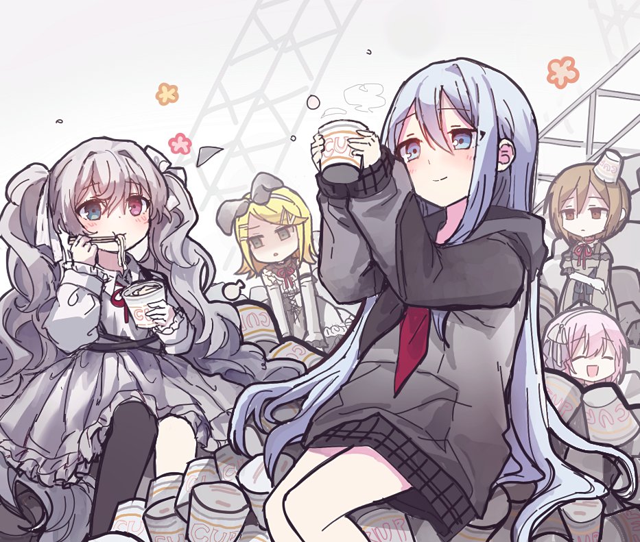 0827el, 25-ji_luka, 25-ji_meiko, 25-ji_miku, 25-ji_rin, 5girls, :d, ^_^, black_dress, black_neckerchief, blue_eyes, blue_hair, blush, bow, brown_eyes, brown_hair, chest_harness, chopsticks, closed_eyes, cup, cup_on_head, instant_cup_noodles, dress, eating, expressionless, food, grey_eyes, grey_hair, hair_bow, harness, hatsune_miku, heterochromia, holding, holding_chopsticks, holding_cup, instant_noodles, jitome, kagamine_rin, long_hair, long_sleeves, megurine_luka, meiko_(vocaloid), multiple_girls, neck_ribbon, neckerchief, noodles, off-shoulder_dress, off_shoulder, open_mouth, oversized_clothes, pink_eyes, pink_hair, project_sekai, red_neckerchief, red_ribbon, ribbon, short_hair, sleeves_past_wrists, smile, steam, trash, twintails, two-tone_neckerchief, two-tone_skirt, very_long_hair, vocaloid, white_bow, white_dress, yoisaki_kanade