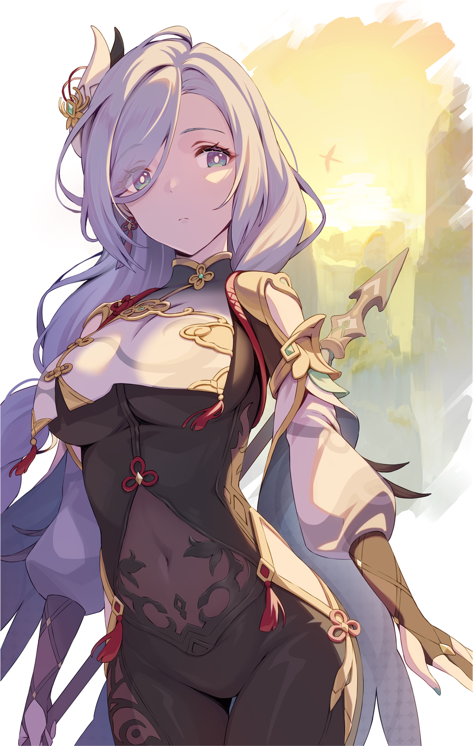 1girl, bird, black_bodysuit, black_gloves, blue_eyes, bodystocking, bodysuit, single_breast_curtain