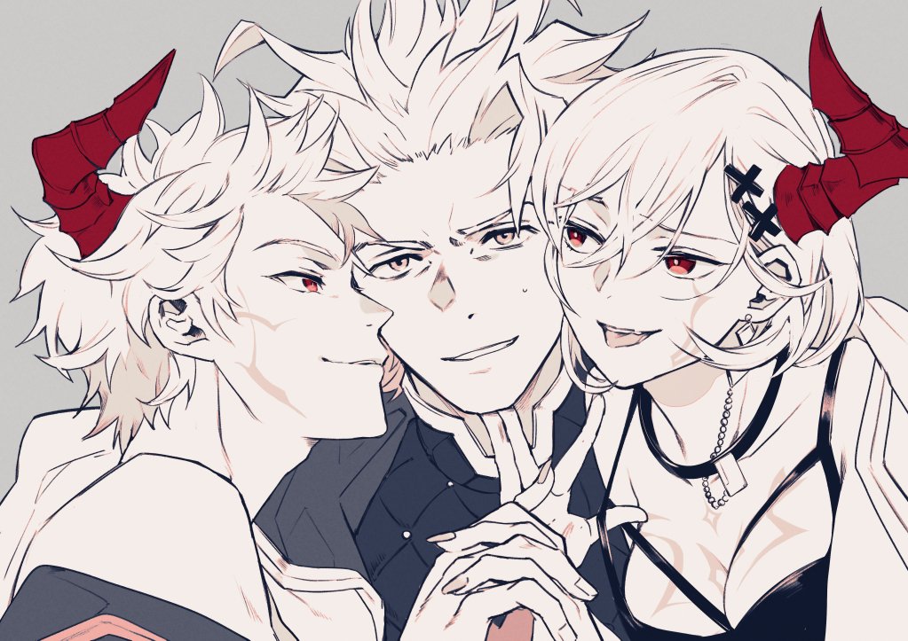 1girl, 2boys, breasts, cleavage, djeeta_(granblue_fantasy), forbidden_alter_ego_(granblue_fantasy), gran_(granblue_fantasy), granblue_fantasy