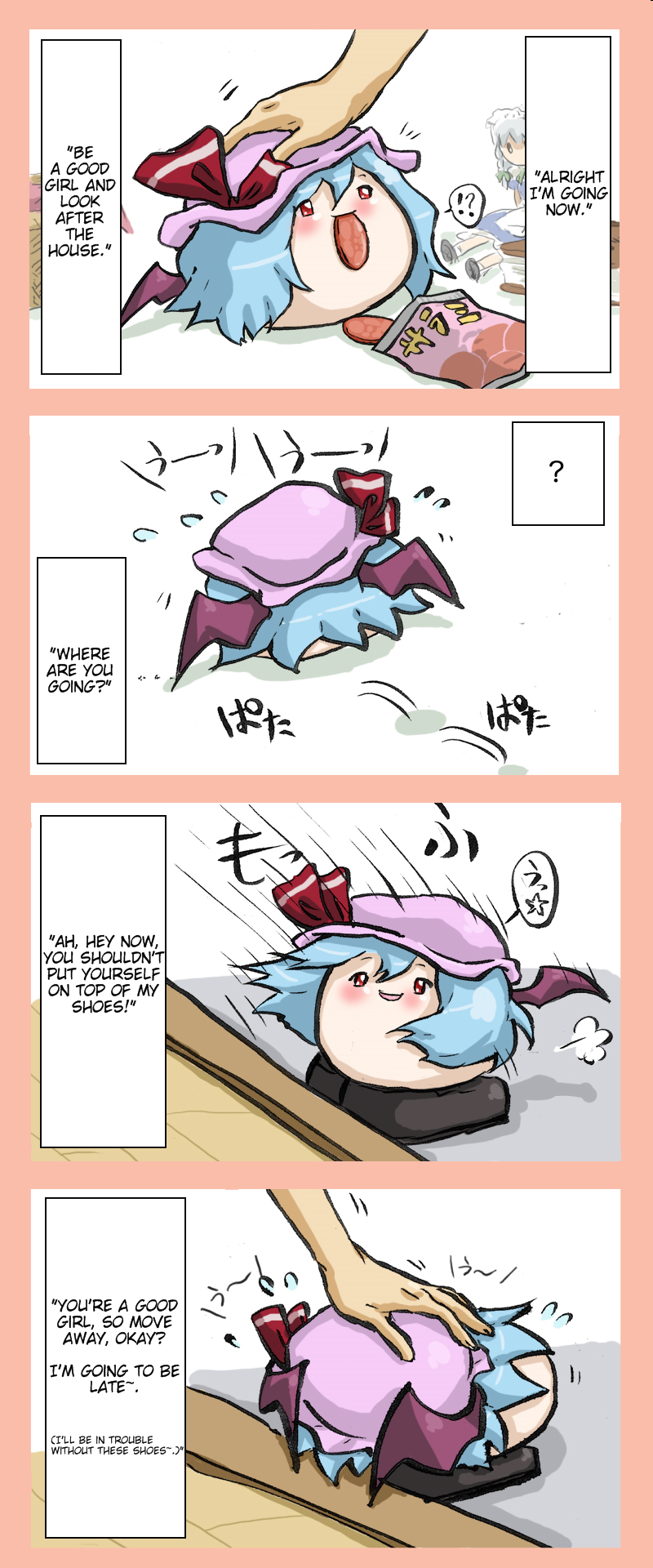 !?, 1boy, 1girl, 4koma, aby, blue_hair, blush, character_doll, comic, doll, duplicate, english_text, hard-translated, hat, highres, indoors, izayoi_sakuya, red_eyes, remilia_scarlet, third-party_edit, touhou, wings, yukkuri_shiteitte_ne