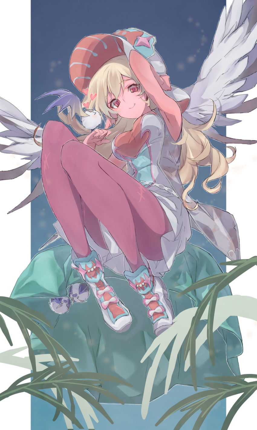 1girl, angel_wings, bird, bird_on_hand, blonde_hair, breasts, colored_skin, dress, duel_monster, flying, hand_on_headwear, hand_up, hat, highres, knees_up, long_hair, pantyhose, pink_skin, plant, red_eyes, shoes, sleeveless, sleeveless_dress, smile, solo, tsumayouji_(dekosoko), vampire_sucker, wings, yu-gi-oh!
