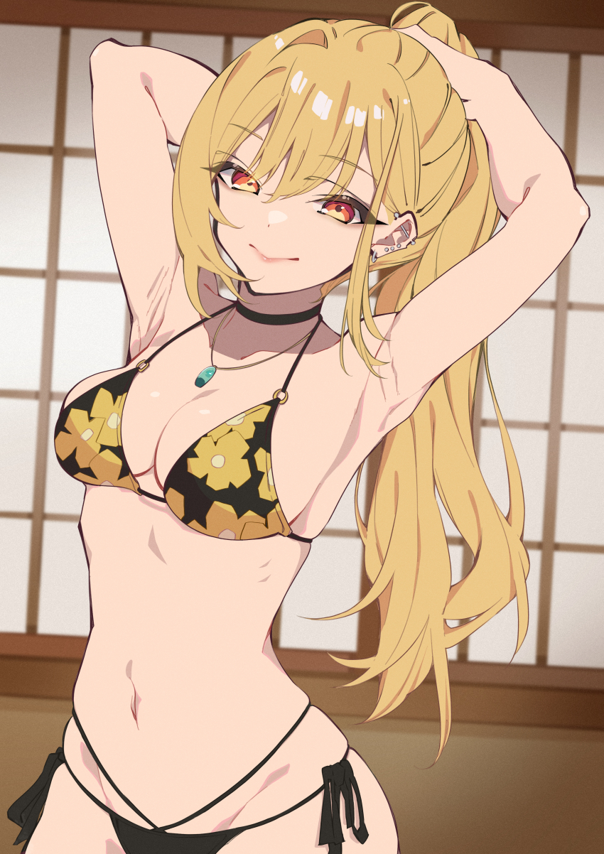 1girl, absurdres, adjusting_hair, armpits, bikini, black_bikini, blonde_hair, choker
