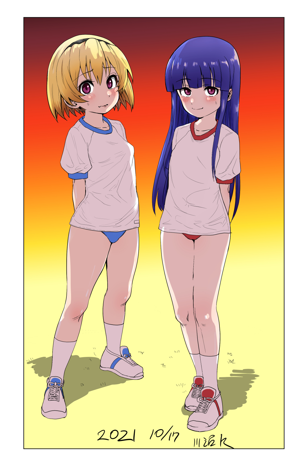 2girls, artist_name, blonde_hair, blue_hair, breasts, buruma, collarbone, dated, female_focus, full_body, furude_rika, gradient_background, gym_uniform, headband, highres, higurashi_no_naku_koro_ni, houjou_satoko, kawanuma_k, long_hair, multiple_girls, outdoors, purple_eyes, shoes, short_hair, simple_background, small_breasts, smile, socks, sunset, sweat