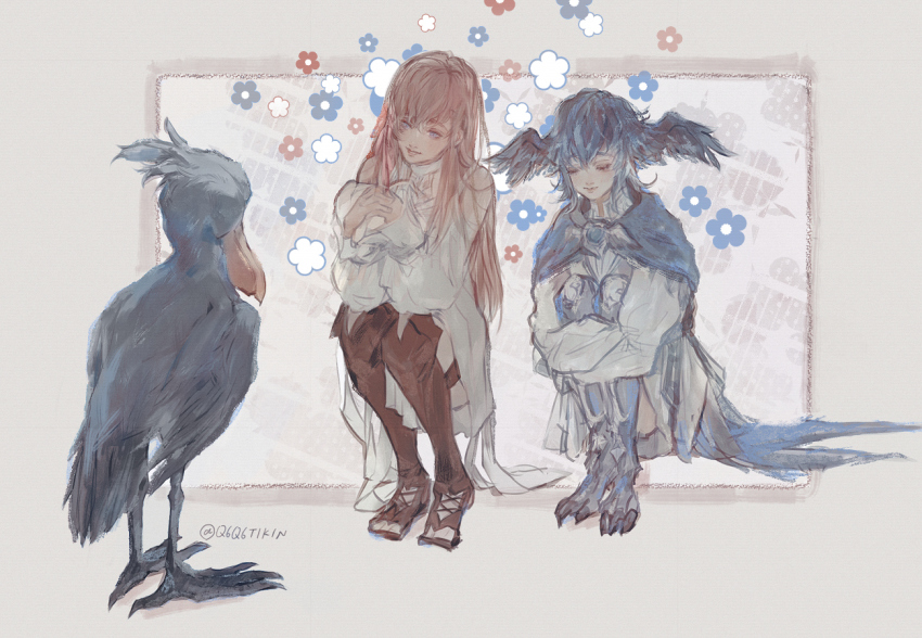 2girls, animal, bird, bird_girl, bird_legs, bird_wings, blue_eyes, blue_hair, cape, dress, final_fantasy, final_fantasy_xiv, full_body, half-closed_eyes, hands_up, harpy, head_tilt, hugging_own_legs, hyur, knees_to_chest, knees_up, long_hair, looking_at_another, medium_hair, meteion, monster_girl, multiple_girls, own_hands_clasped, own_hands_together, q6q6tikin, red_hair, ryne_waters, shoebill, smile, squatting, talons, thigh_strap, tunic, twitter_username, very_long_hair, white_tunic, wings