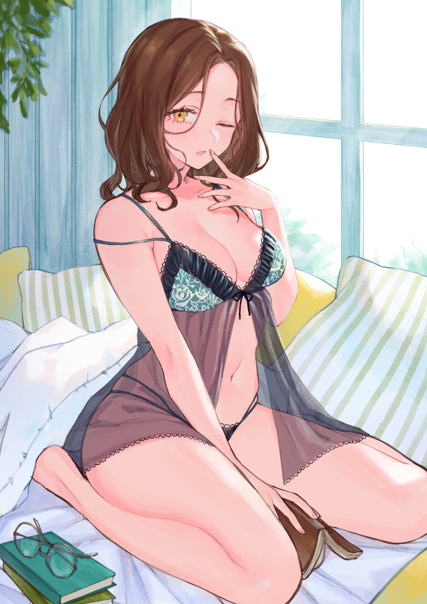 1girl, ;o, absurdres, arm_between_legs, armpit_crease, babydoll, bare_arms, bare_legs