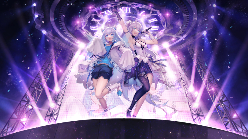 2girls, :d, alternate_costume, arm_up, armpits, asymmetrical_gloves, blue_eyes, blue_hair