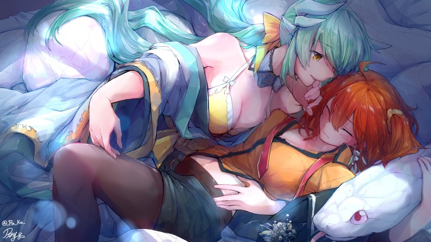 2girls, absurdres, ahoge, aqua_hair, bare_shoulders, blush, breasts, cleavage
