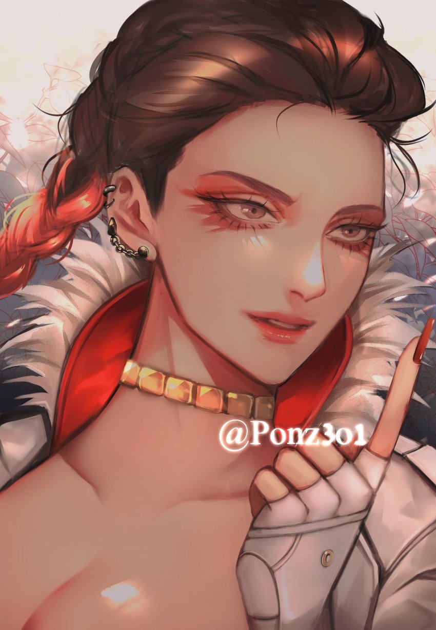 1girl, apex_legends, braid, breasts, brown_hair, cleavage, collarbone, dark-skinned_female, dark_skin, eyeshadow, gold_choker, gradient_hair, hair_behind_ear, highres, light_smile, loba_(apex_legends), looking_to_the_side, makeup, multicolored_hair, nail_polish, parted_lips, pointing, pointing_up, portrait, red_eyeshadow, red_hair, red_nails, solo, tama_(ponz3o1), twin_braids