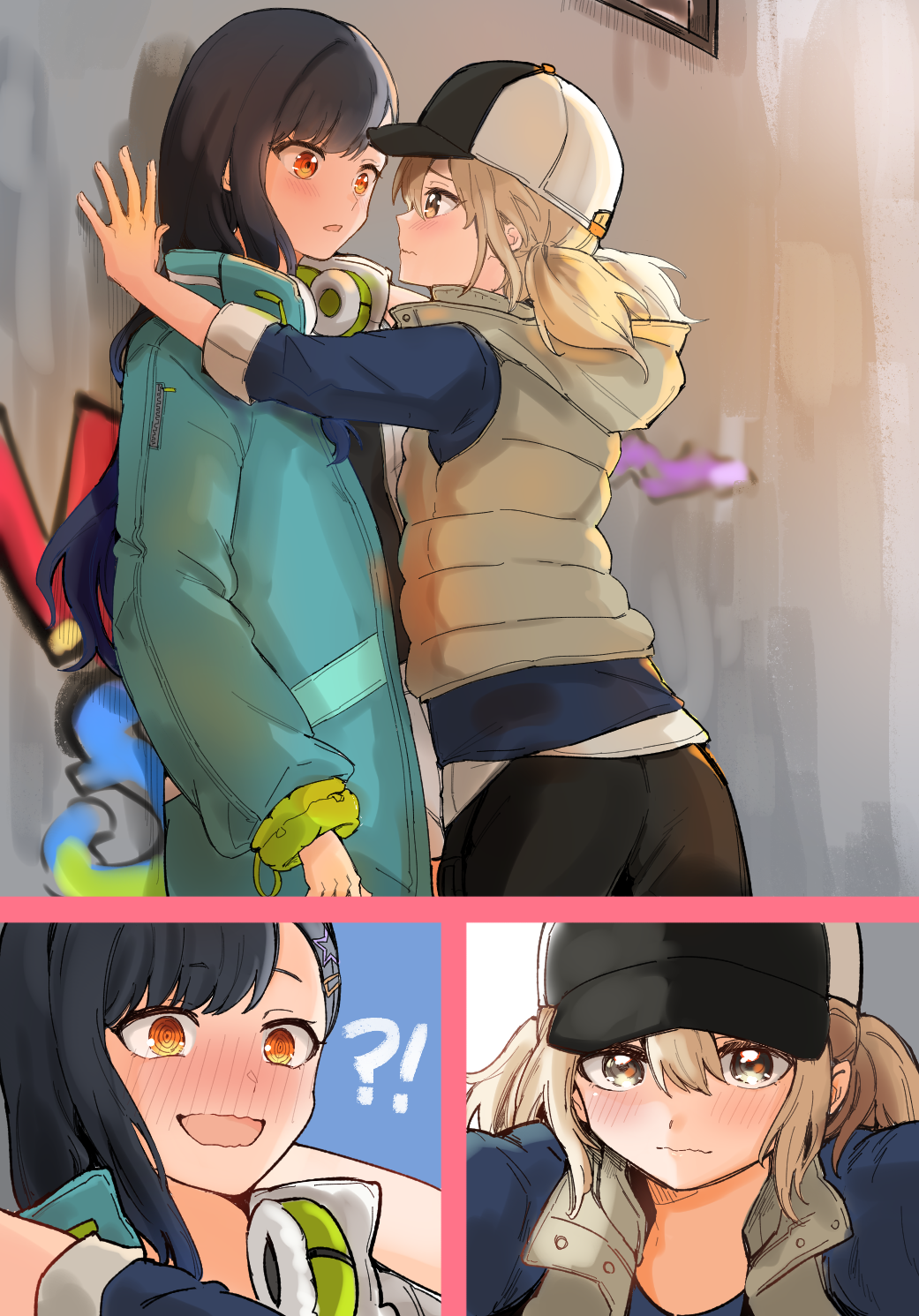 !?, 2girls, azusawa_kohane, black_hair, blonde_hair, blush, closed_mouth, clothing_request, commentary_request, eye_contact, graffiti, hat, headphones, headphones_around_neck, highres, kabedon, kagamine_len, long_hair, looking_at_another, mizuyoshi, multiple_girls, nervous_smile, open_mouth, parted_lips, project_sekai, ringed_eyes, shiraishi_an, short_hair, smile, vivid_bad_squad_len, wavy_mouth, yuri, zipper, zipper_pull_tab