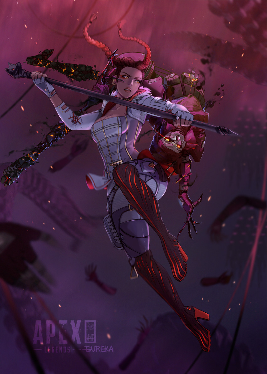 1boy, 1girl, apex_legends, artist_collaboration, ass, black_footwear, boots, braid