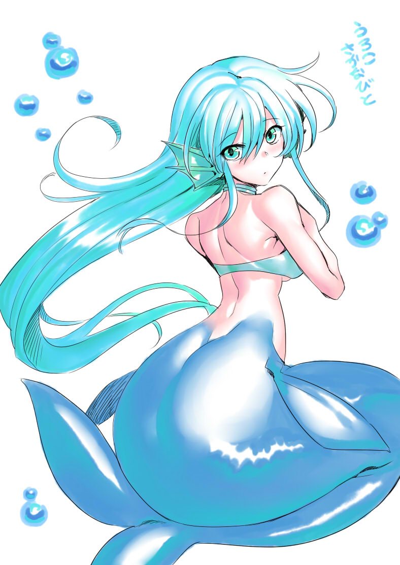 1girl, blue_eyes, blue_hair, breasts, closed_mouth, fins, full_body, green_eyes