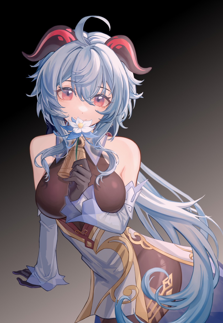 absurdres, ahoge, arm_support, bare_shoulders, bell, black_gloves, black_legwear, blue_flower, blue_hair, blush, bodystocking, bodysuit, breasts, detached_sleeves, flower, flower_to_mouth, ganyu_(genshin_impact), genshin_impact, glaze_lily, gloves, gold_trim, highres, holding, holding_flower, horns, jewelry, long_hair, looking_at_viewer, medium_breasts, monko_(liangliang), neck_bell, pelvic_curtain, purple_eyes, sidelocks, sitting, solo, thighlet, white_sleeves