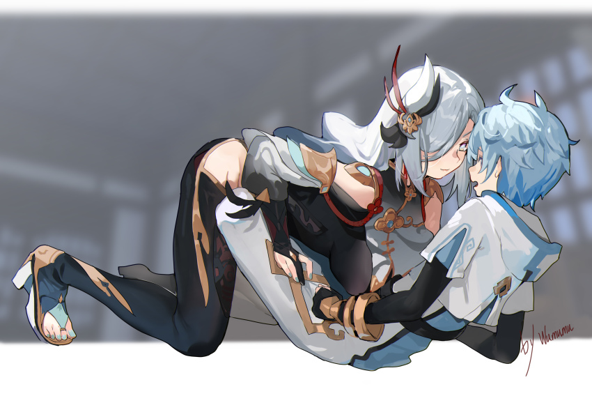 1boy, 1girl, absurdres, age_difference, all_fours, artist_name, aunt_and_nephew, blue_hair, blue_nails, bodysuit, breast_curtains, breasts, child, chongyun_(genshin_impact), clothing_cutout, genshin_impact, gloves, grey_eyes, hair_ornament, hair_over_one_eye, hetero, high_heels, highres, hip_vent, hood, hoodie, incest, large_breasts, long_hair, nail_polish, onee-shota, partially_fingerless_gloves, shenhe_(genshin_impact), short_hair, silver_hair, toenail_polish, toenails, wumumu