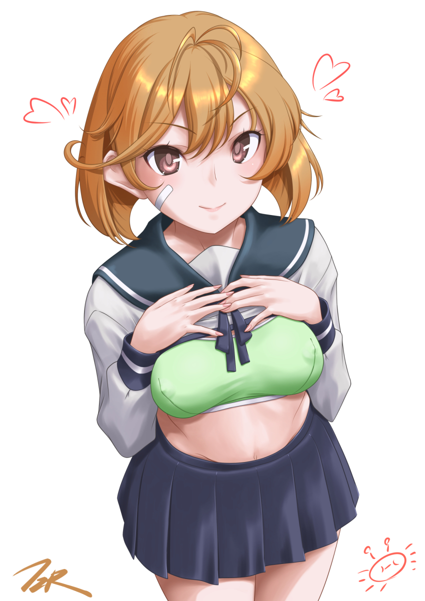 1girl, alternate_sleeve_length, artist_name, bandaid, bandaid_on_face, blue_sailor_collar, blue_skirt, bra