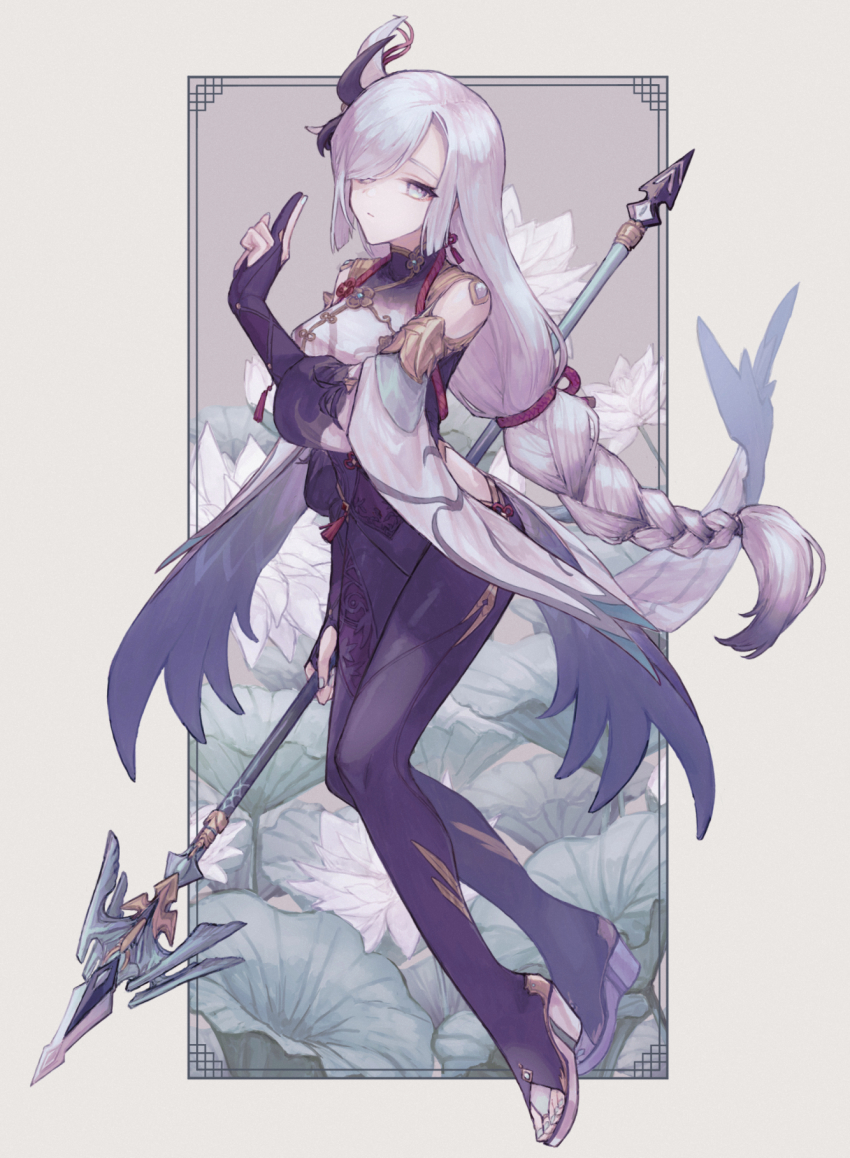 1girl, black_bodysuit, bodysuit, braid, breast_curtains, breasts, calamity_queller_(genshin_impact), clothing_cutout