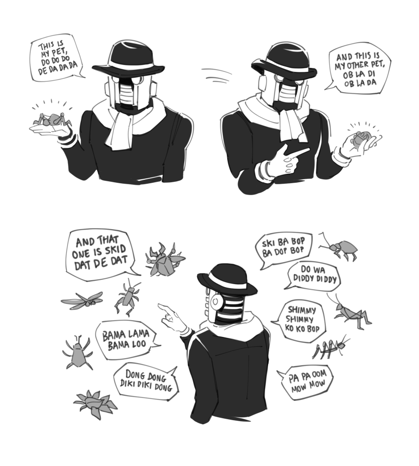 akefu_satoru, bowler_hat, bug, dododo_de_dadada, english_text, gloves, greyscale, hat, highres, jojo_no_kimyou_na_bouken, jojolion, monochrome, no_humans, norue, obladi_oblada, parody, pointing, scarf, speech_bubble, spoilers, stand_(jojo), wonder_of_u