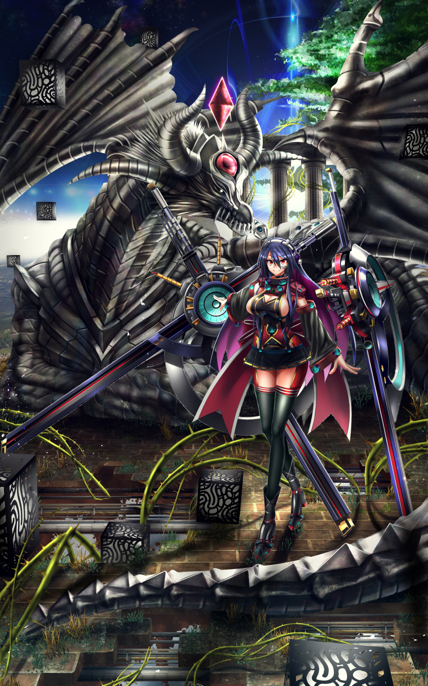 1girl, absurdres, blue_hair, breasts, closed_mouth, colored_inner_hair, dragon, full_body