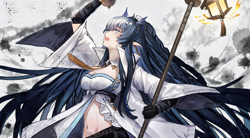 1girl, absurdres, arknights, black_gloves, black_shorts, blue_eyes, blue_hair, braid