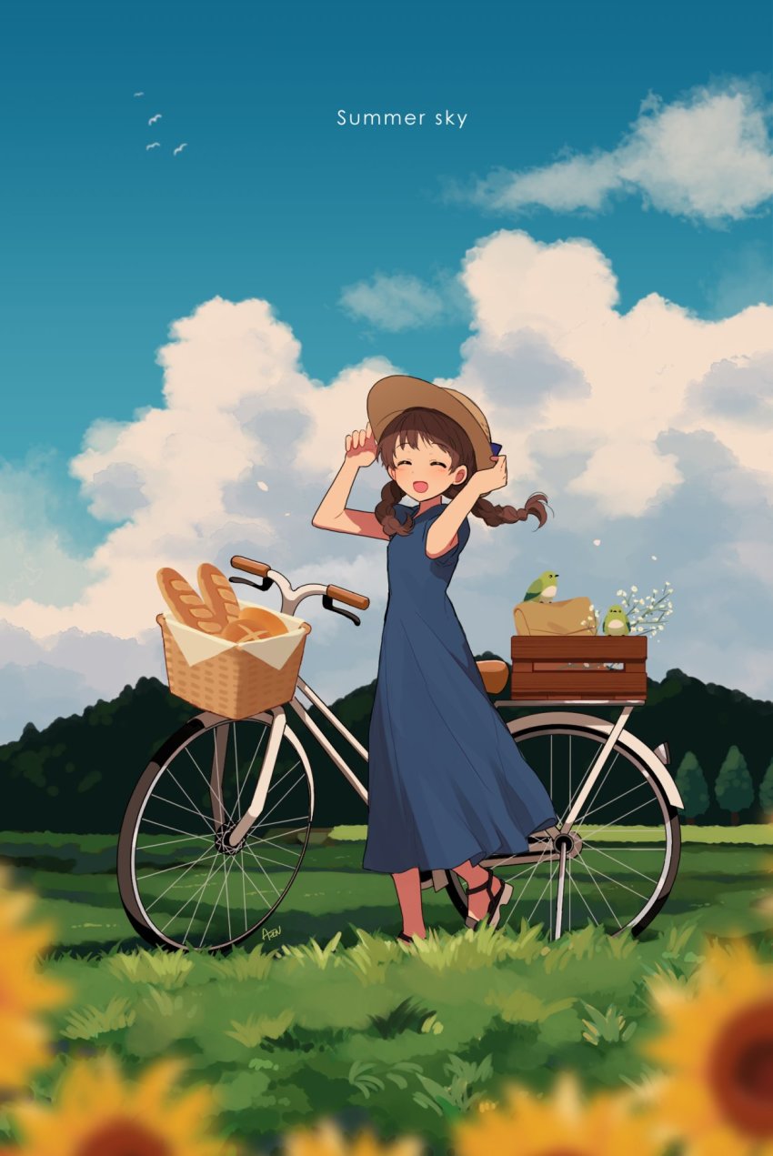 1girl, arisa_(aren), artist_name, baguette, bicycle, bicycle_basket, bird, blue_dress