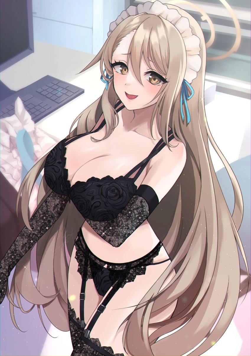 1girl, absurdres, akane_(blue_archive), alternate_costume, beautiful_witch_sakuran, black_bra, black_gloves, black_panties, black_thighhighs, blue_archive, bra, brown_eyes, brown_hair, unworn_clothes, computer, elbow_gloves, unworn_eyewear, garter_belt, garter_straps, gloves, halo, highres, computer_keyboard, lace, lace-trimmed_garter_belt, lace-trimmed_gloves, lace-trimmed_legwear, lace_bra, lace_panties, lace_trim, lingerie, maid_headdress, panties, solo, thighhighs, underwear, underwear_only