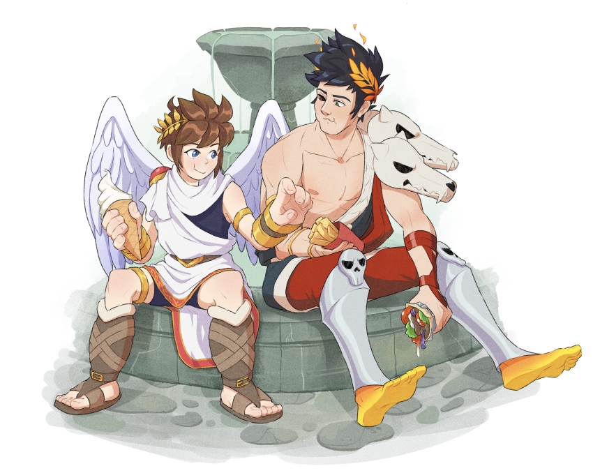 2boys, :t, ancient_greek_clothes, angel_wings, barefoot, belt, black_hair, black_sclera, blue_eyes, brown_hair, colored_sclera, crossover, doner_kebab, doner_sandwich, doner_wrap, eating, food, fountain, french_fries, greco-roman_clothes, green_eyes, hades_(series), hades_1, heterochromia, highres, ice_cream, ice_cream_cone, jamie_loughran, kid_icarus, laurel_crown, male_focus, mcjamie_(artist), mismatched_sclera, multiple_boys, nintendo, pit_(kid_icarus), red_eyes, sandals, shorts, single_bare_shoulder, sitting, skull, wings, zagreus_(hades)