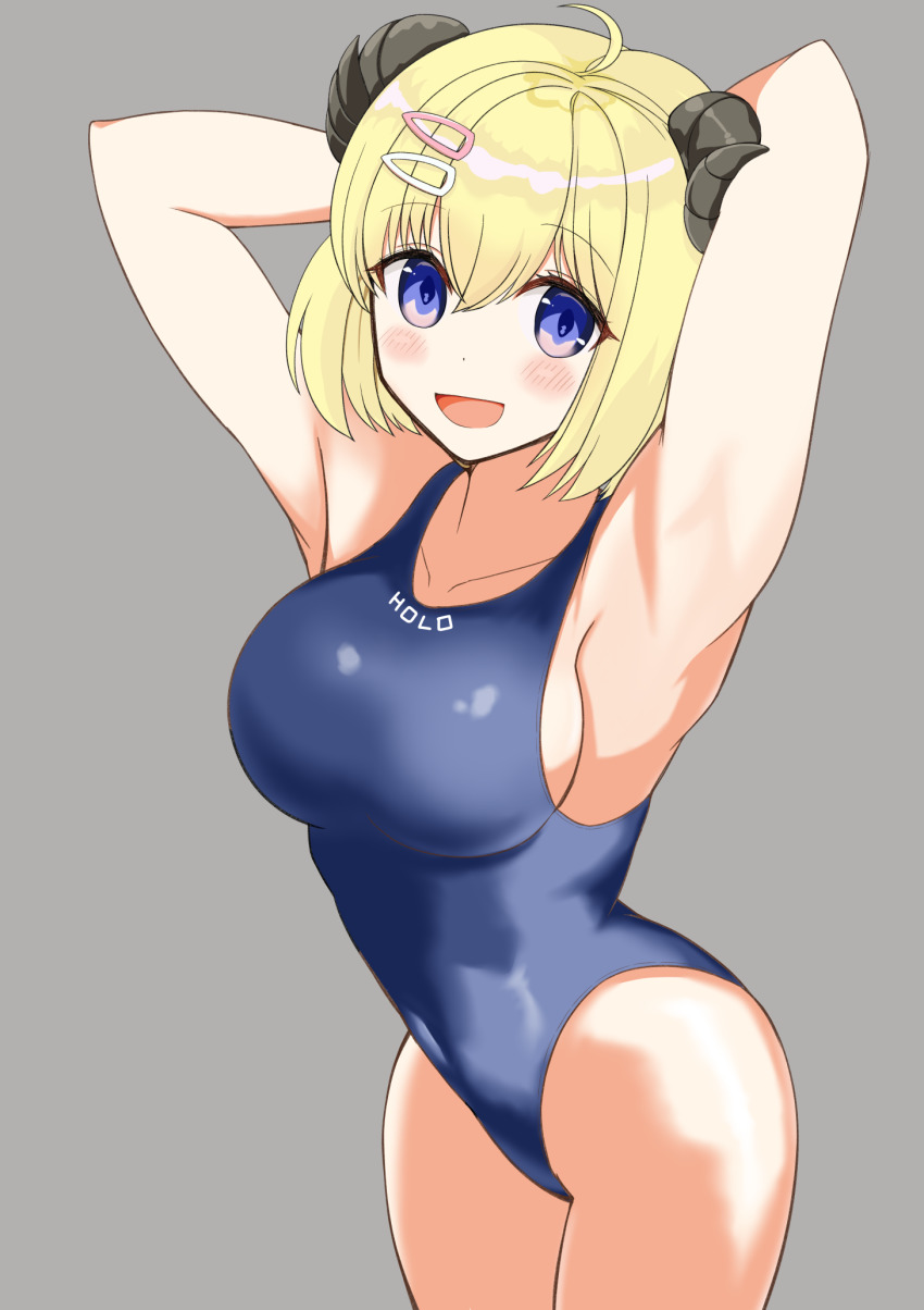 1girl, ahoge, animal_ears, arm_behind_head, armpits, arms_up, blonde_hair, blue_one-piece_swimsuit, breasts, commentary_request, competition_swimsuit, grey_background, highres, hololive, horns, large_breasts, long_hair, looking_at_viewer, one-piece_swimsuit, presenting_armpit, purple_eyes, ranobe-senka, sheep_ears, sheep_girl, sheep_horns, solo, swimsuit, tsunomaki_watame, very_long_hair, virtual_youtuber