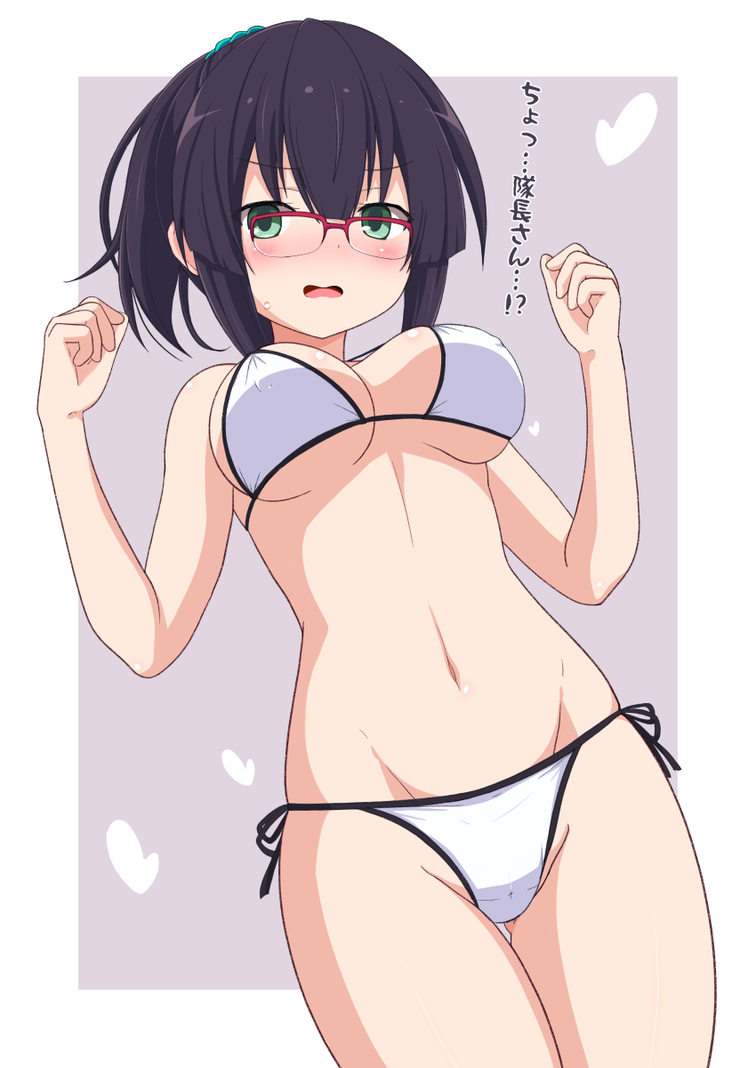 1girl, black_hair, blunt_bangs, breasts, commentary_request, floahi, glasses, green_eyes, highres, looking_at_viewer, medium_breasts, ponytail, red-framed_eyewear, short_hair, solo, tenka_hyakken, translation_request, yayoi_(tenka_hyakken)