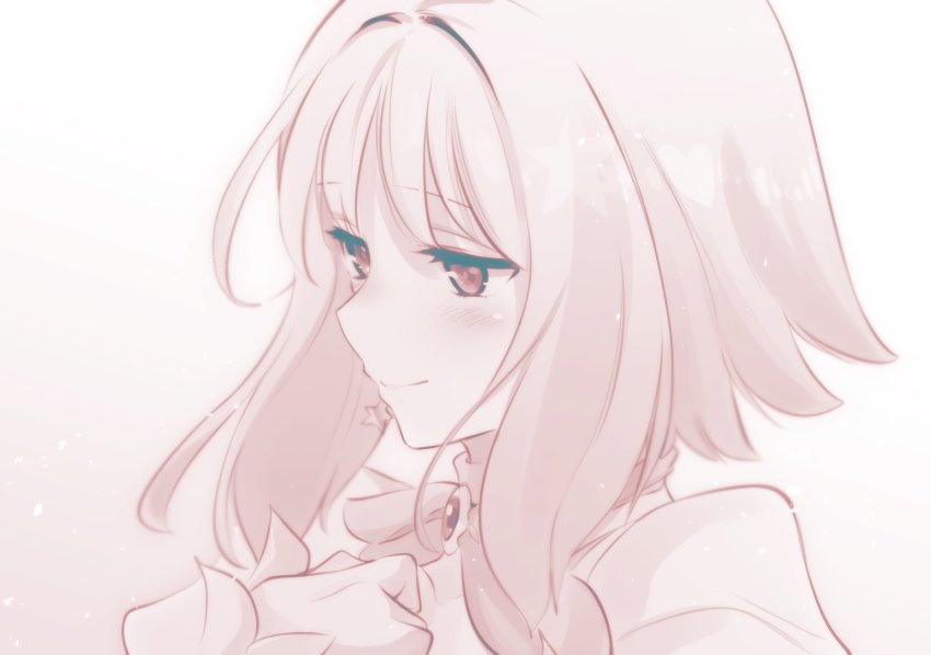 1girl, akirara_(ishiyumi), blush, clenched_hand, earrings, greyscale, hand_on_own_chest, highres