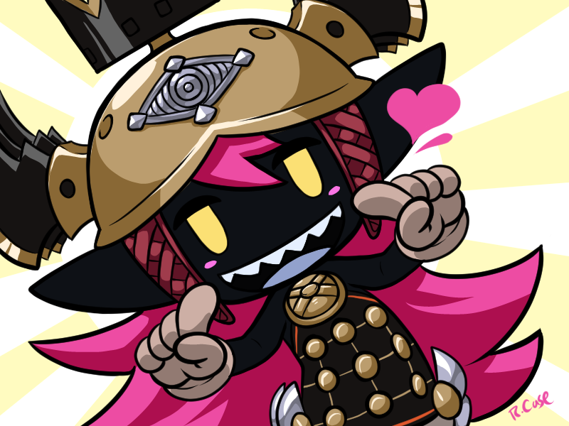 1girl, armor, armored_dress, artist_name, black_skin, blush_stickers, chibi, colored_skin, crown, dress, fake_horns, final_fantasy, gloves, heart, helmet, horned_helmet, horns, jitome, long_hair, looking_at_viewer, open_mouth, pink_hair, pointing, pointing_at_self, pointy_ears, princess_goblin_(woff), rcasedrawsstuff, sharp_teeth, simple_background, sleeveless, smile, solo, sunburst, sunburst_background, teeth, upper_body, world_of_final_fantasy, yellow_eyes