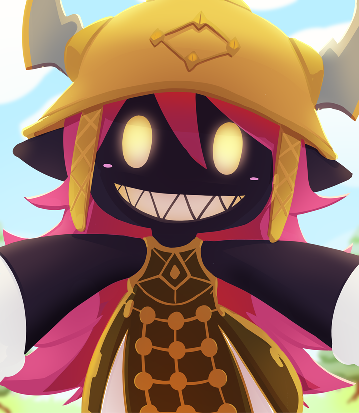 1girl, armor, armored_dress, black_skin, blush_stickers, cloud, colored_skin, day, dress, drowtales_(artist), fake_horns, final_fantasy, gloves, grass, grin, helmet, horned_helmet, horns, incoming_hug, long_hair, looking_at_viewer, outdoors, pink_hair, pointy_ears, pov, princess_goblin_(woff), sharp_teeth, sky, sleeveless, smile, solid_oval_eyes, solo, teeth, tree, upper_body, world_of_final_fantasy, yellow_eyes