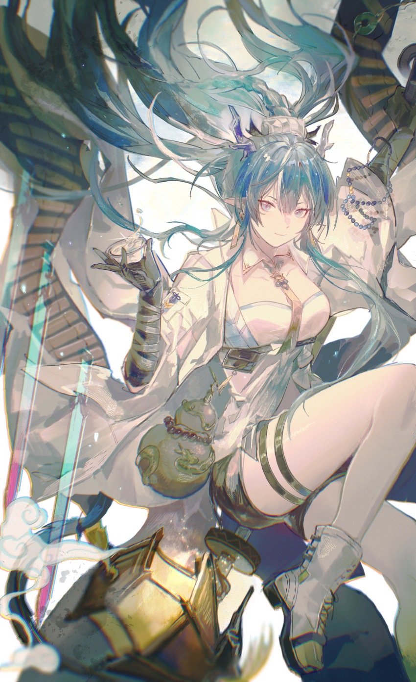 1girl, absurdres, ankle_boots, arknights, black_gloves, black_shorts, blue_eyes, blue_hair