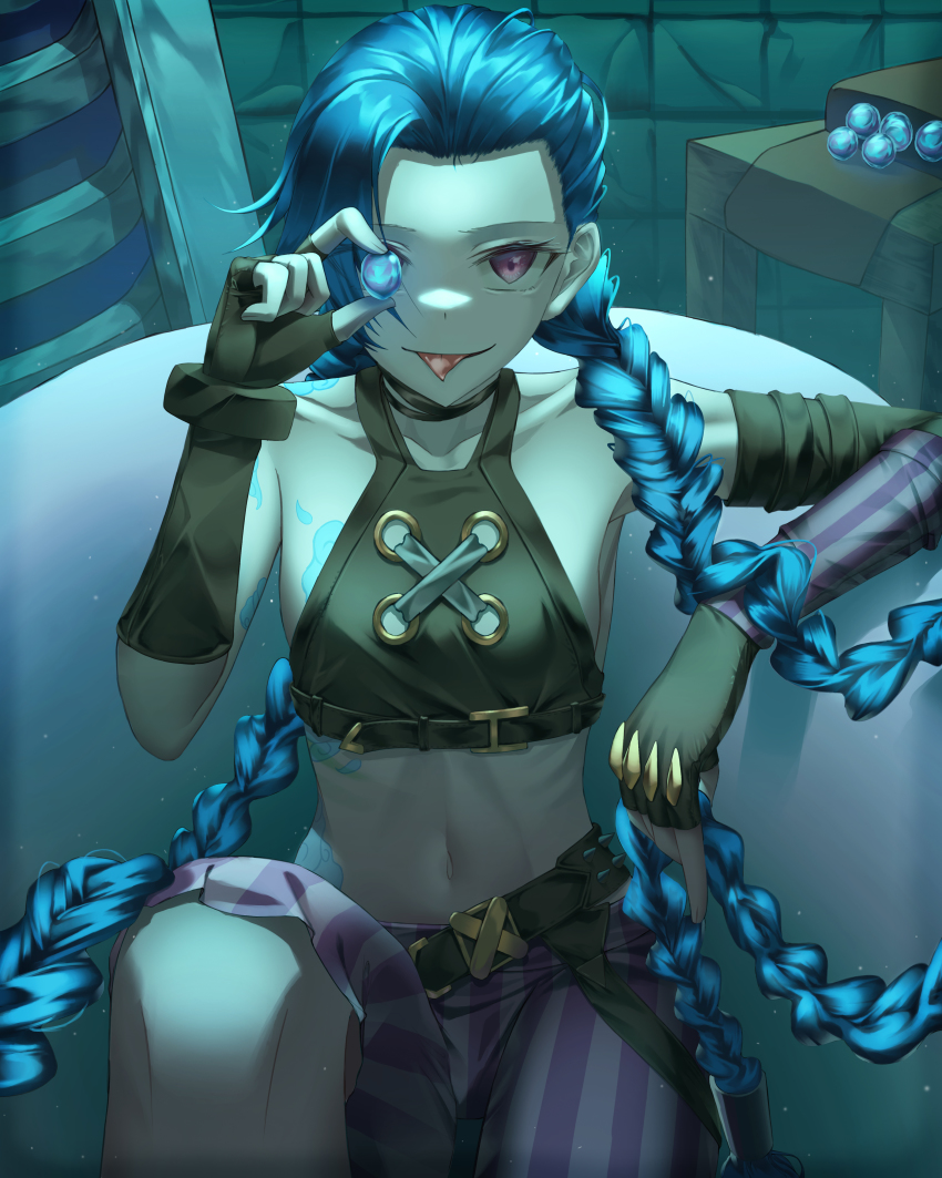 1girl, absurdres, arcane:_league_of_legends, arcane_jinx, arm_tattoo, asymmetrical_bangs, ball, bare_shoulders