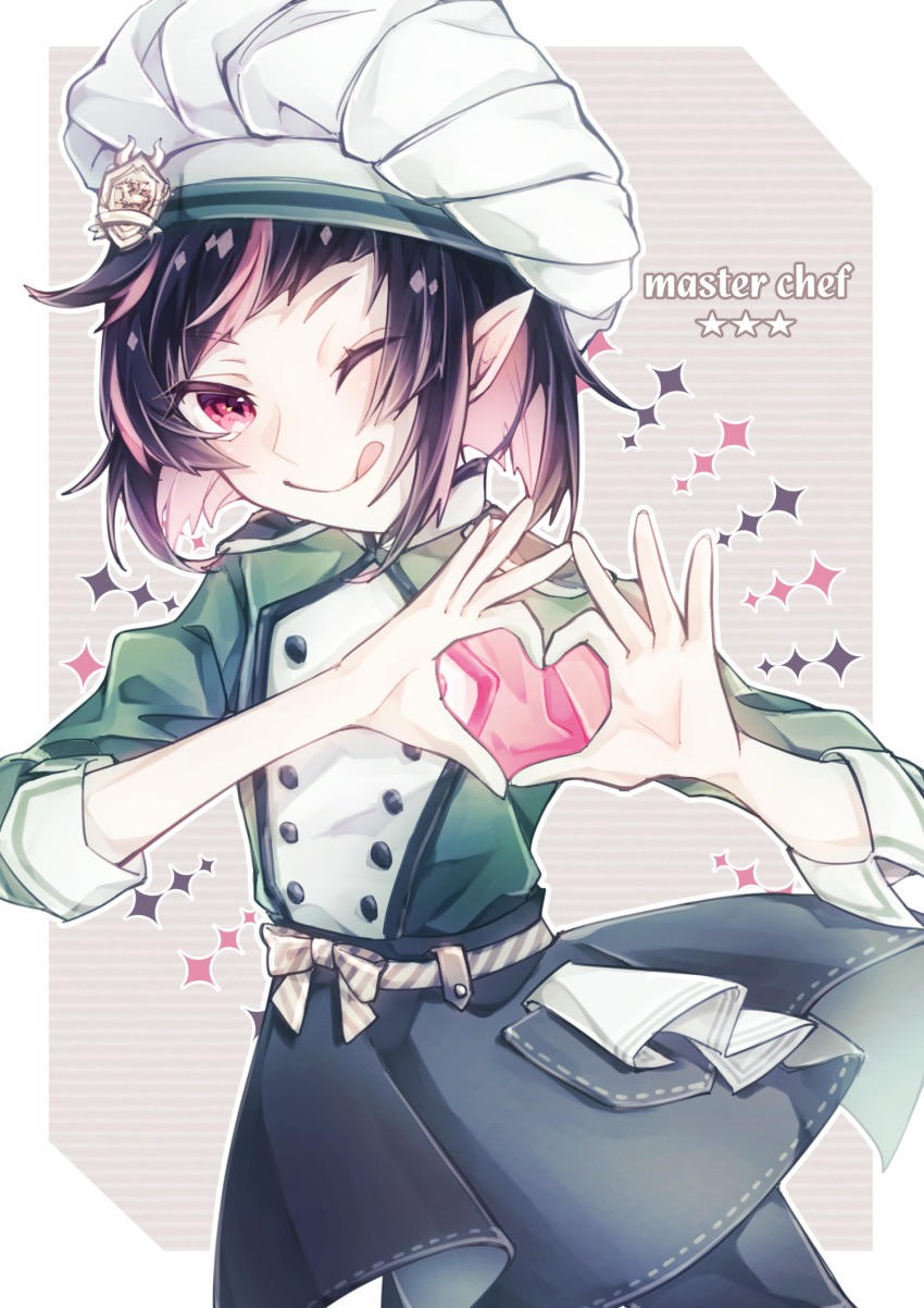 1boy, ;p, androgynous, black_hair, blush, chef, chef_hat, fangs, hat, highres, lilia_vanrouge, multicolored_hair, natsukawamikan, one_eye_closed, pale_skin, pink_hair, pointy_ears, red_eyes, tongue, tongue_out, twisted_wonderland
