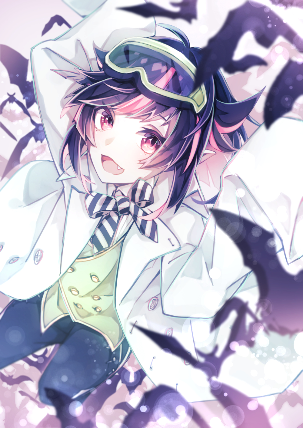 1boy, androgynous, black_hair, bow, checkered_clothes, goggles, goggles_on_head, highres, lab_coat, lilia_vanrouge, looking_to_the_side, multicolored_hair, natsukawamikan, necktie, pale_skin, pink_eyes, pink_hair, pointy_ears, red_eyes, solo, twisted_wonderland