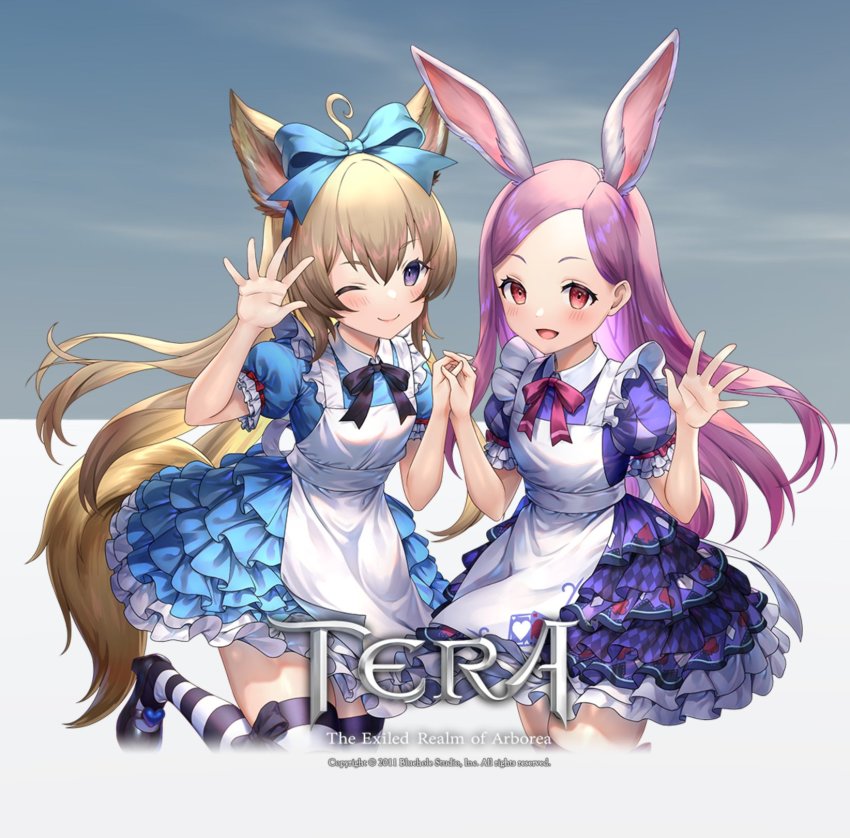 2girls, ahoge, alice_(alice_in_wonderland), alice_(alice_in_wonderland)_(cosplay), alice's_adventures_in_wonderland, animal_ear_fluff, animal_ears, apron