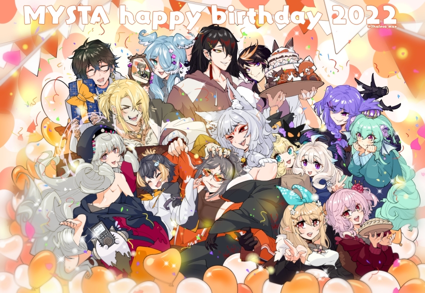 >_<, 2022, 6+boys, 6+girls, ^_^, animal_ear_fluff, backless_dress, backless_outfit, balloon, barefoot, black_dress, black_hair, black_hoodie, black_kimono, blue_eyes, blush, breasts, brown_eyes, brown_hair, brown_hoodie, brown_sweater, cake, cat, cheek_pull, closed_eyes, collarbone, collared_shirt, crown, dragon, dress, earrings, elira_pendora, ember_(selen_tatsuki), enna_alouette, ethyria, everyone, eyeshadow, finana_ryugu, fins, flower, food, fox_girl, gift, green_hair, grey_hair, hair_behind_ear, hair_flower, hair_ornament, happy_birthday, head_fins, head_tilt, head_wings, heterochromia, highres, holding, holding_food, holding_gift, holding_mirror, hood, hoodie, ike_eveland, japanese_clothes, jewelry, kimono, large_breasts, lazulight, long_hair, luca_kaneshiro, lucie_(millie_parfait), luxiem, makeup, maxeggq, medium_breasts, medium_hair, millie_parfait, mirror, multicolored_hair, multiple_boys, multiple_girls, muzzle, mysta_rias, nijisanji, nijisanji_en, nina_kosaka, obsydia, off_shoulder, oliver_evans, oliver_evans_(1st_costume), one_eye_covered, orange_hair, orange_shirt, petra_gurin, pie, pikl_(elira_pendora), pink_hair, pointy_ears, pomu_rainpuff, ponytail, poppi_(reimu_endou), purple_eyes, red_eyes, red_eyeshadow, red_hair, red_panda, reflection, reimu_endou, rosemi_lovelock, sailor_collar, selen_tatsuki, selen_tatsuki_(1st_costume), shirt, short_hair, short_side_ponytail, shu_yamino, side_ponytail, smile, streaked_hair, sunglasses, sweater, twitter_username, two-tone_hoodie, v, v-shaped_eyebrows, very_long_hair, virtual_youtuber, vox_akuma, white_hoodie, wings, yellow_eyes
