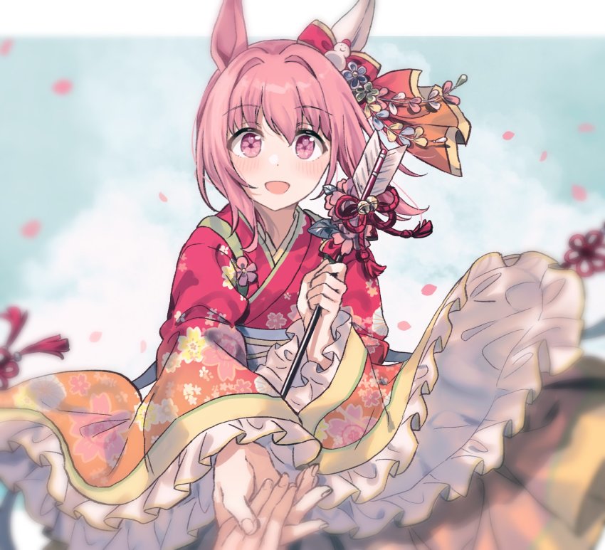 1girl, animal_ears, buruma, flower_in_eye, haru_urara_(new_year_new_urara!)_(umamusume), haru_urara_(umamusume), headband, highres