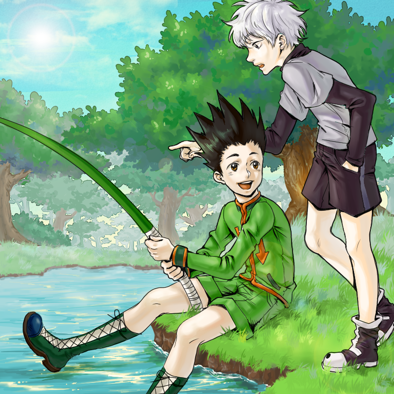 2boys, black_hair, black_shorts, boots, brown_eyes, fishing_rod, gon_freecss, green_jacket