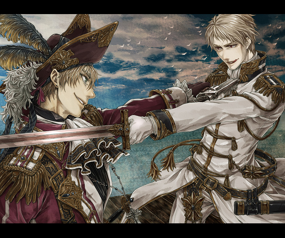 00s, 2boys, :q, axis_powers_hetalia, azuma_yuuhi, bad_id, bad_pixiv_id, blue_eyes, european_clothes, feathers, gloves, gun, handgun, hat, holding, holding_sword, holding_weapon, letterboxed, male_focus, mexican_standoff, multiple_boys, outdoors, prussia_(hetalia), red_eyes, revolver, short_hair, sky, smile, sword, tongue, tongue_out, uniform, united_kingdom_(hetalia), weapon