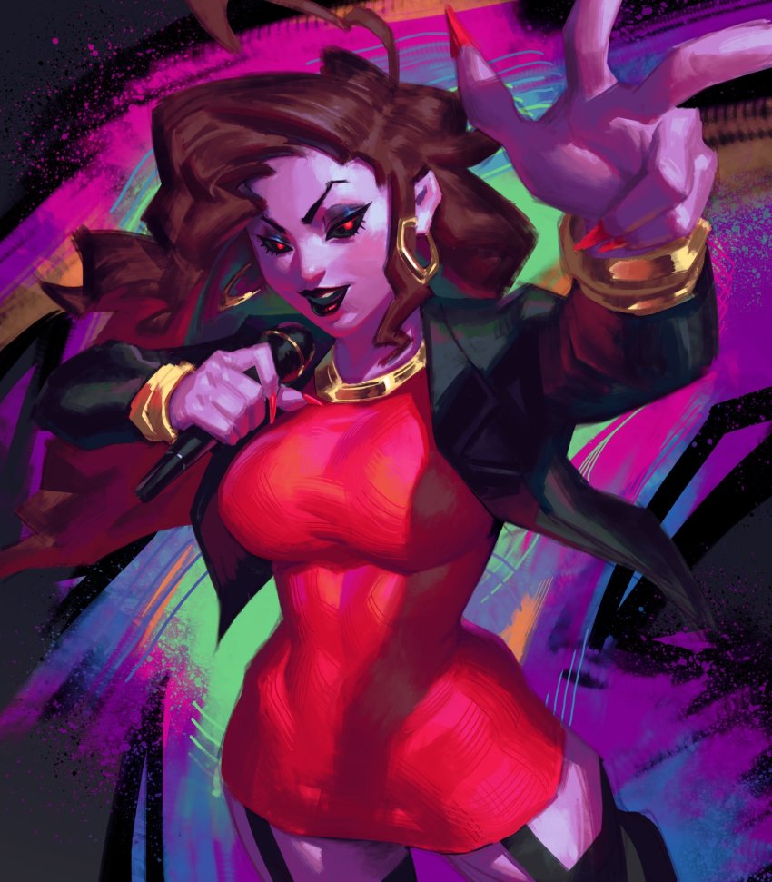 1girl, black_footwear, black_jacket, black_sclera, bracelet, breasts, colored_sclera, colored_skin